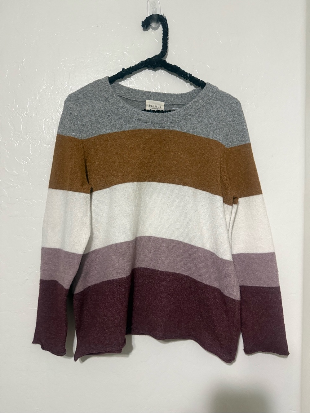 Striped Crewneck Sweater in Gray, Camel & Plum Pinque